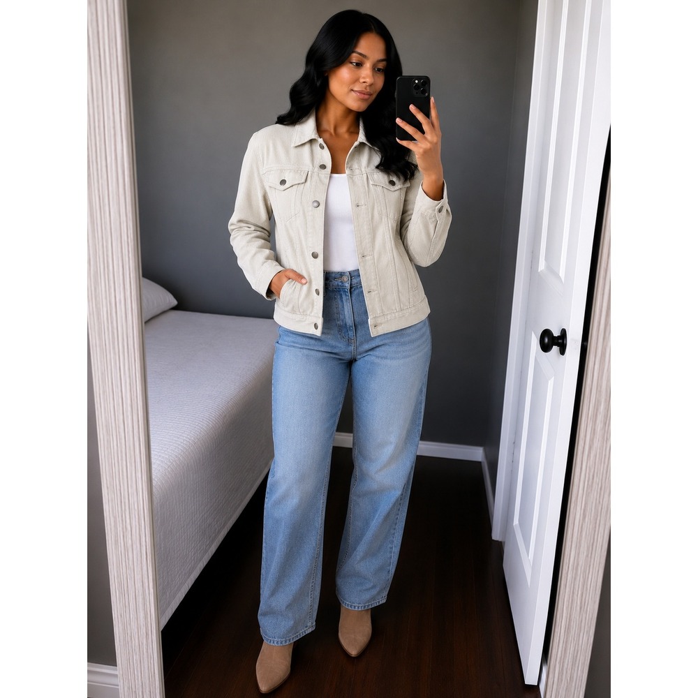 NorthCrest Women Medium Cream Off White Corduroy Snap Button Collared Jacket